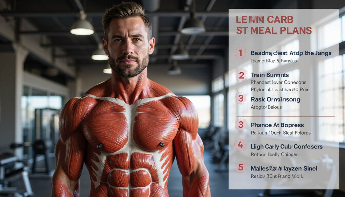 Detailed anatomical muscle overlay above low carb meal plan and progress chart in gym