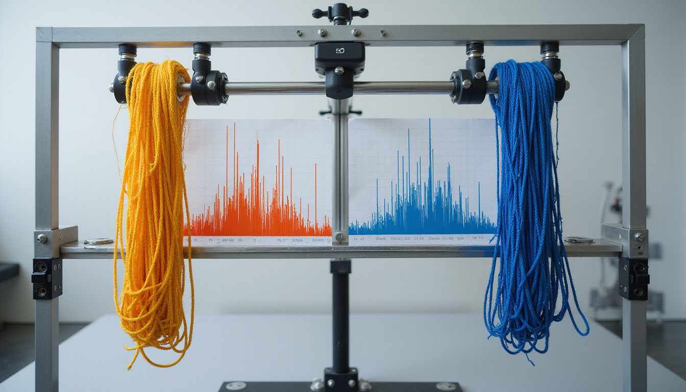 Laboratory testing rig comparing worn and new bowstrings tensile graph overlay stark contrast