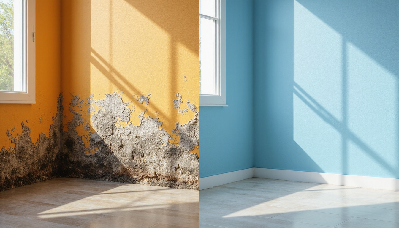 Before-and-after split image: moldy corner transformed clean and dry, fresh airflow, sunlit