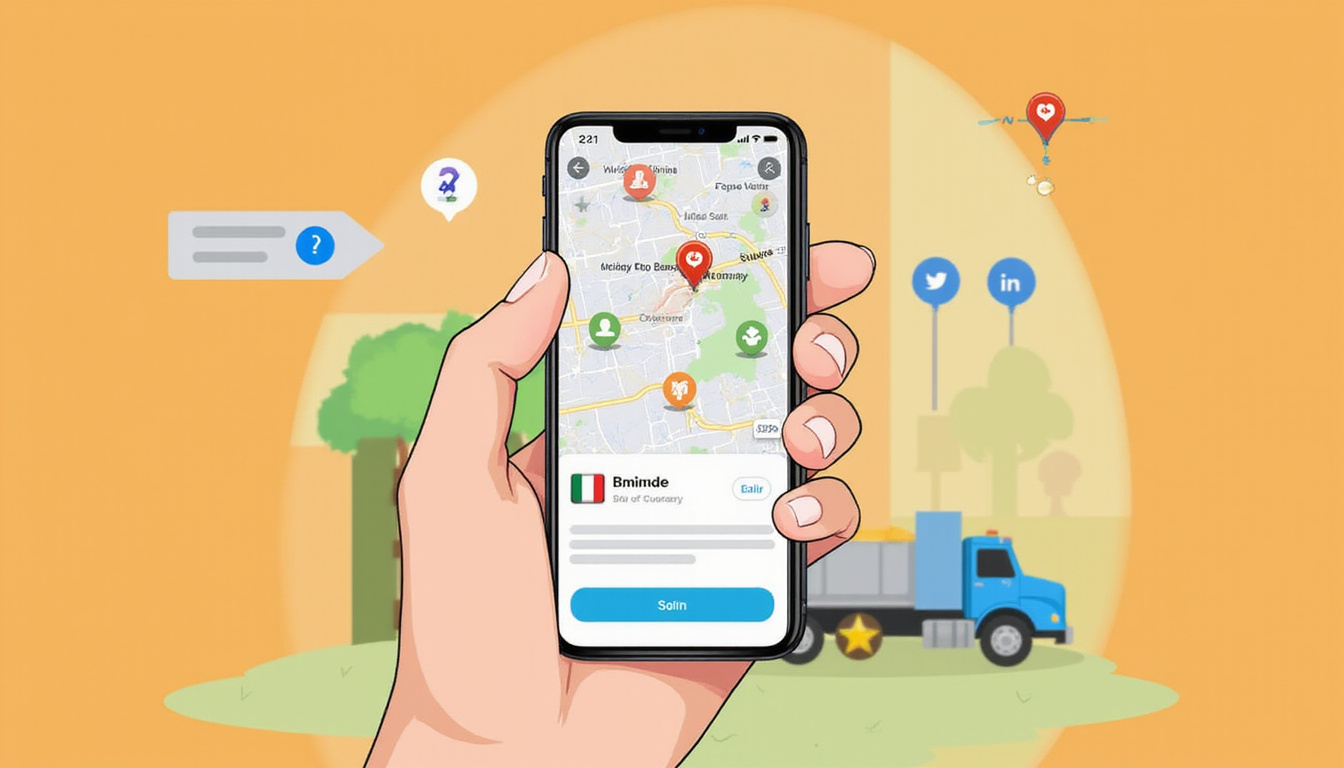  Smartphone map app showing nearby dumpster rental deals, colorful icons, friendly contractor badge