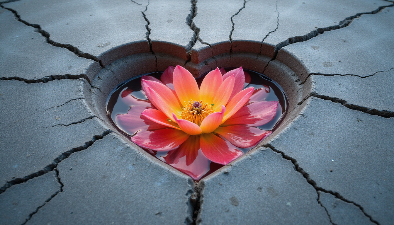 Heart-shaped bloom emerging from cracked concrete, radiant ripples, clock hands spinning fast