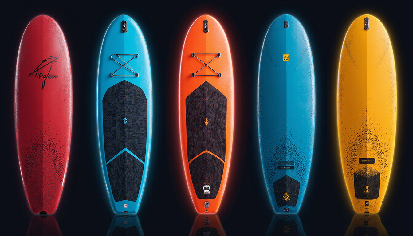  Collection of colorful paddle designs with ergonomic curves, weight distribution diagrams, glowing power trails