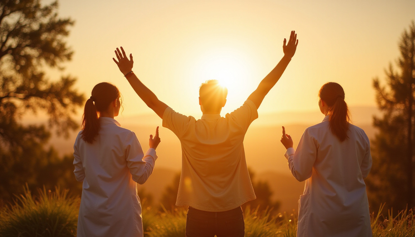 Relieved patient raising arms in sunlight, medical team celebrating fast acting autoimmune inflammation relief