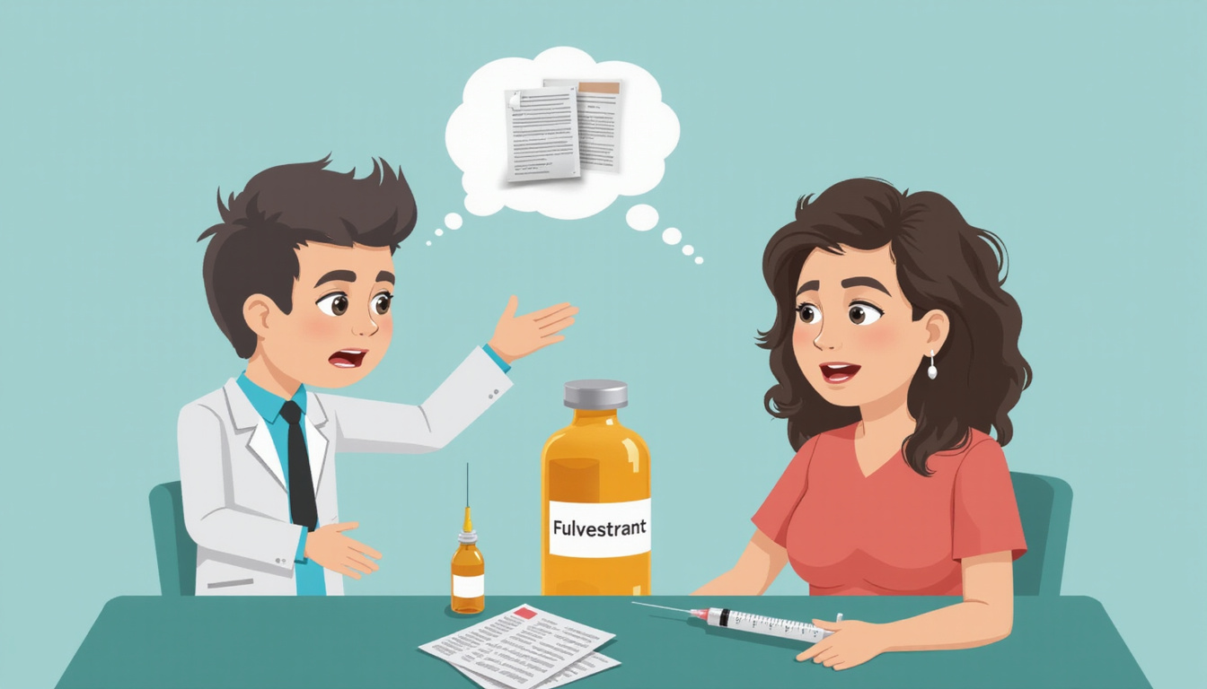  fulvestrant vial and syringe beside concerned patient, hair clumps, medical pamphlets, reassuring clinician