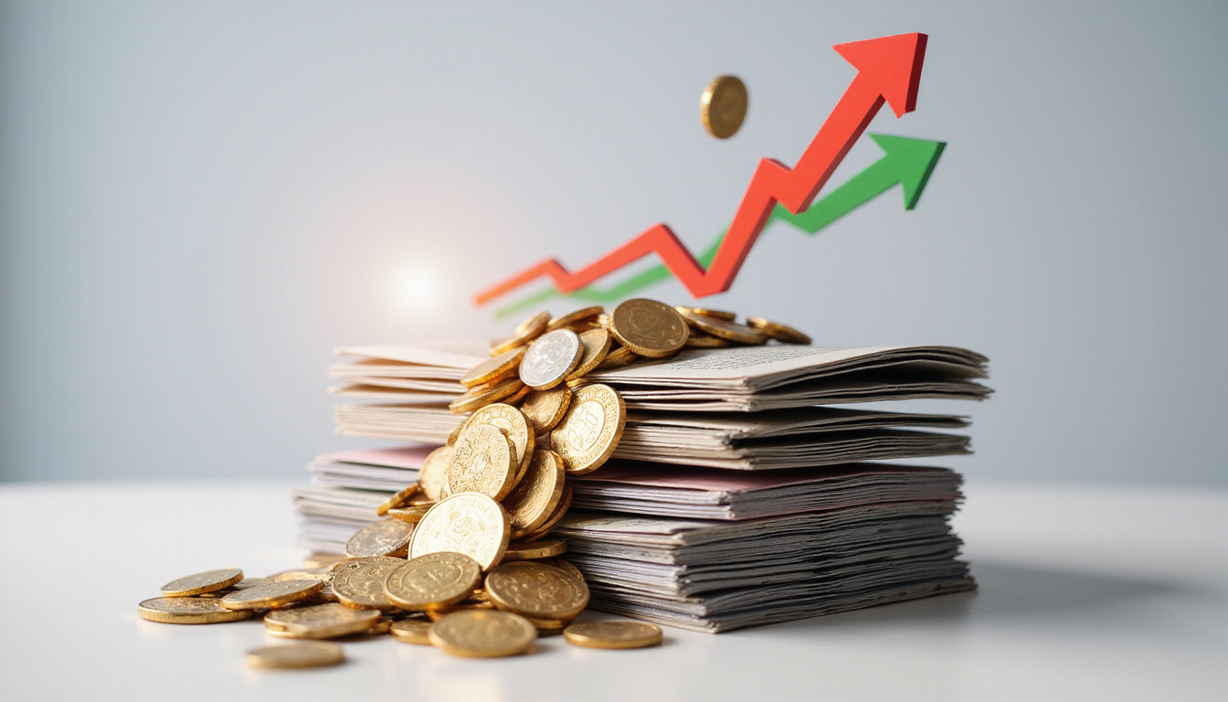 Stack of brochures transforming into falling coins, dramatic lighting, ledger with red-to-green cost arrow
