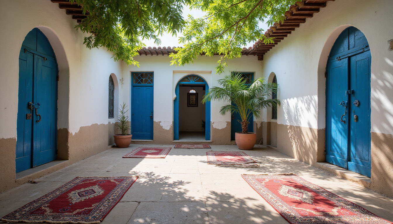  Traditional Siwan courtyard, blue wooden doors, patterned rugs, shaded date palms, soft morning light