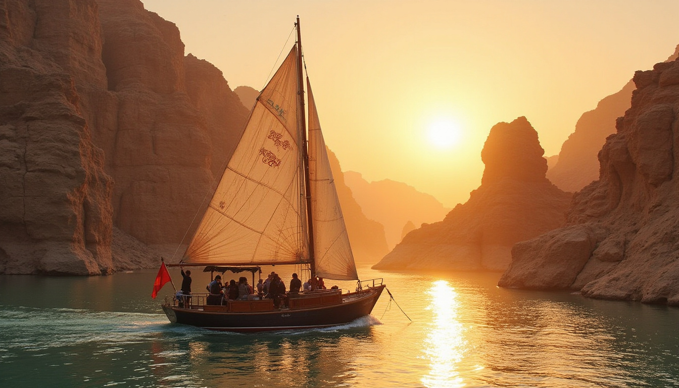  Traditional felucca sailing past ancient sandstone temples, desert cliffs, tourists photographing mystical golden light