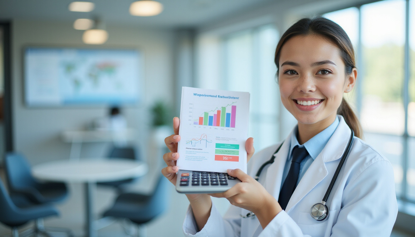  Confident clinician holding calculator, graphs showing increased reimbursement, bright optimistic hospital background