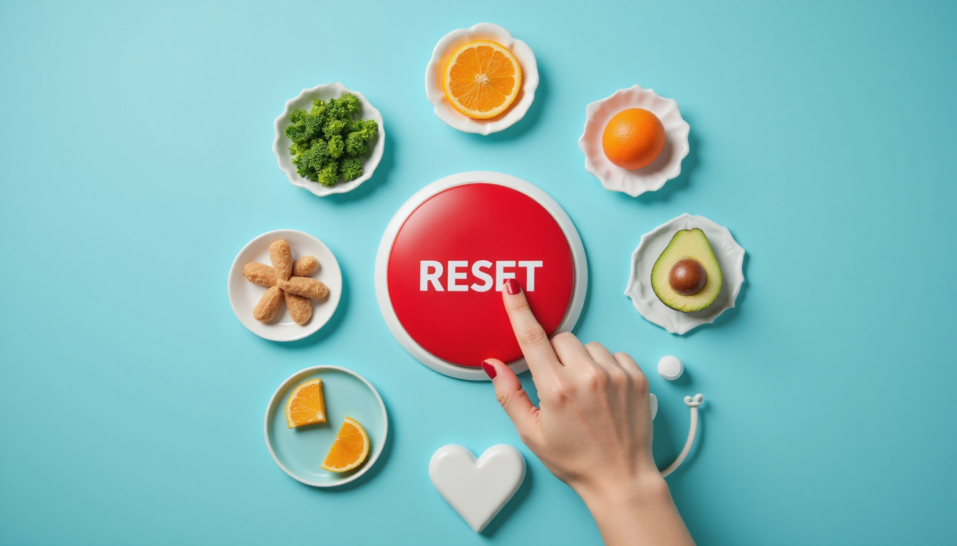 Healthy reset scene: hand pressing red reset button amid balanced foods, sleep, exercise icons