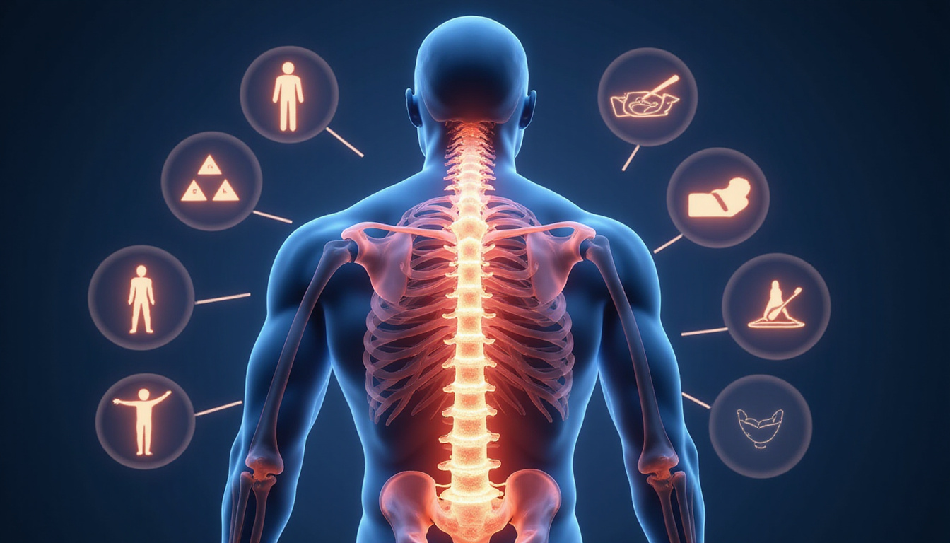 Detailed anatomical illustration glowing lumbar spine nerves nine treatment icons surrounding patient