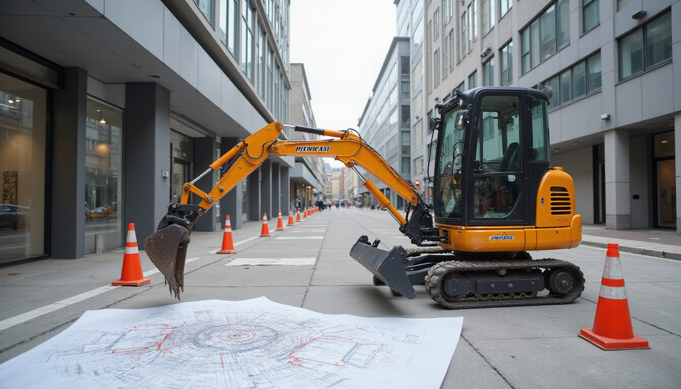 Compact excavator gently lifting countertop, safety cones, clear plan blueprint, calm urban site