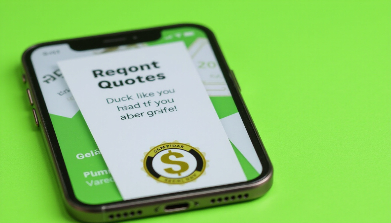  Close-up smartphone displaying instant quote, dollar graphics, same-day badge, energetic green accents