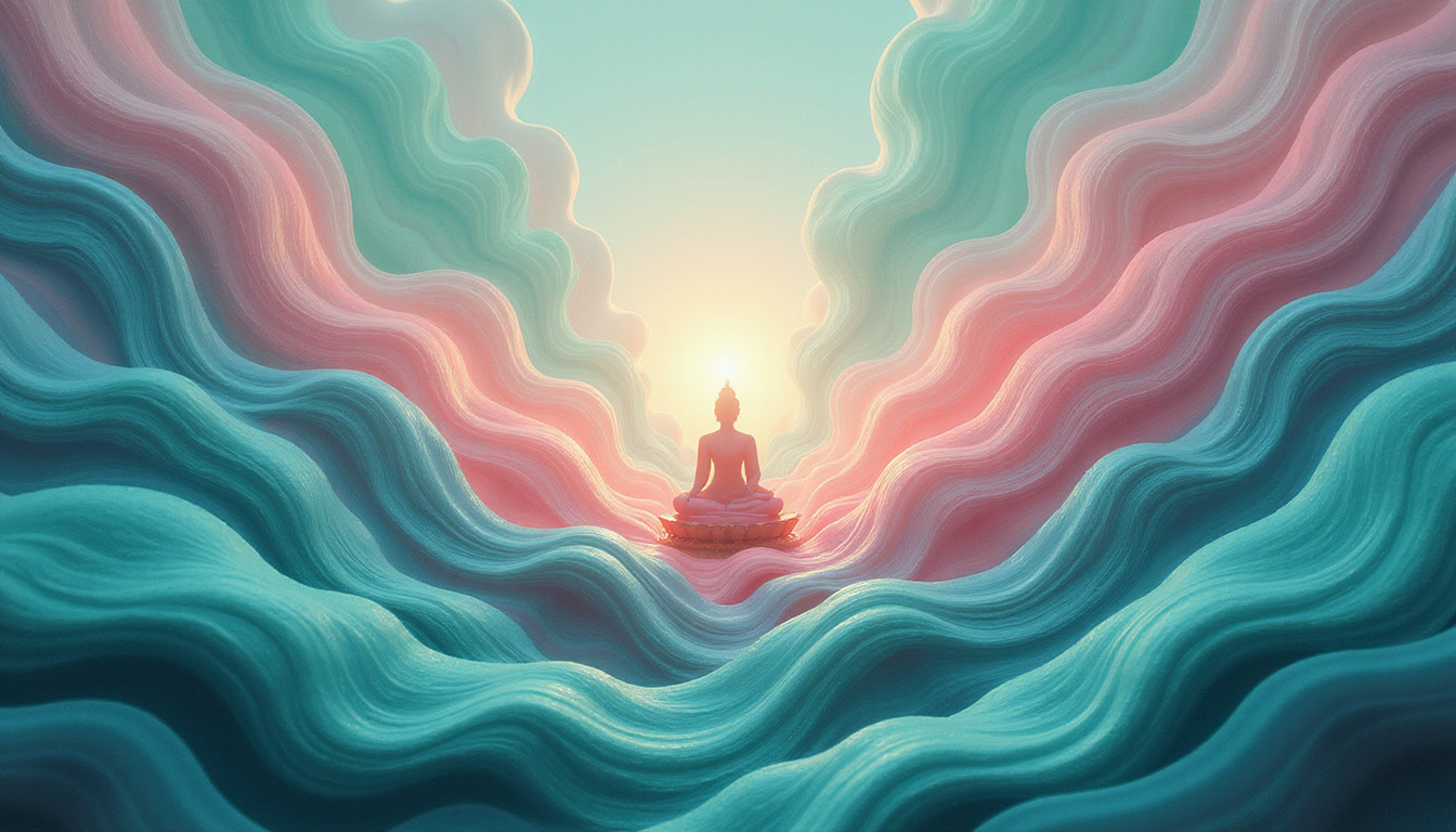  Abstract mind-training energy: flowing teal and rose ribbons, mandala, gentle Buddhist iconography, luminous