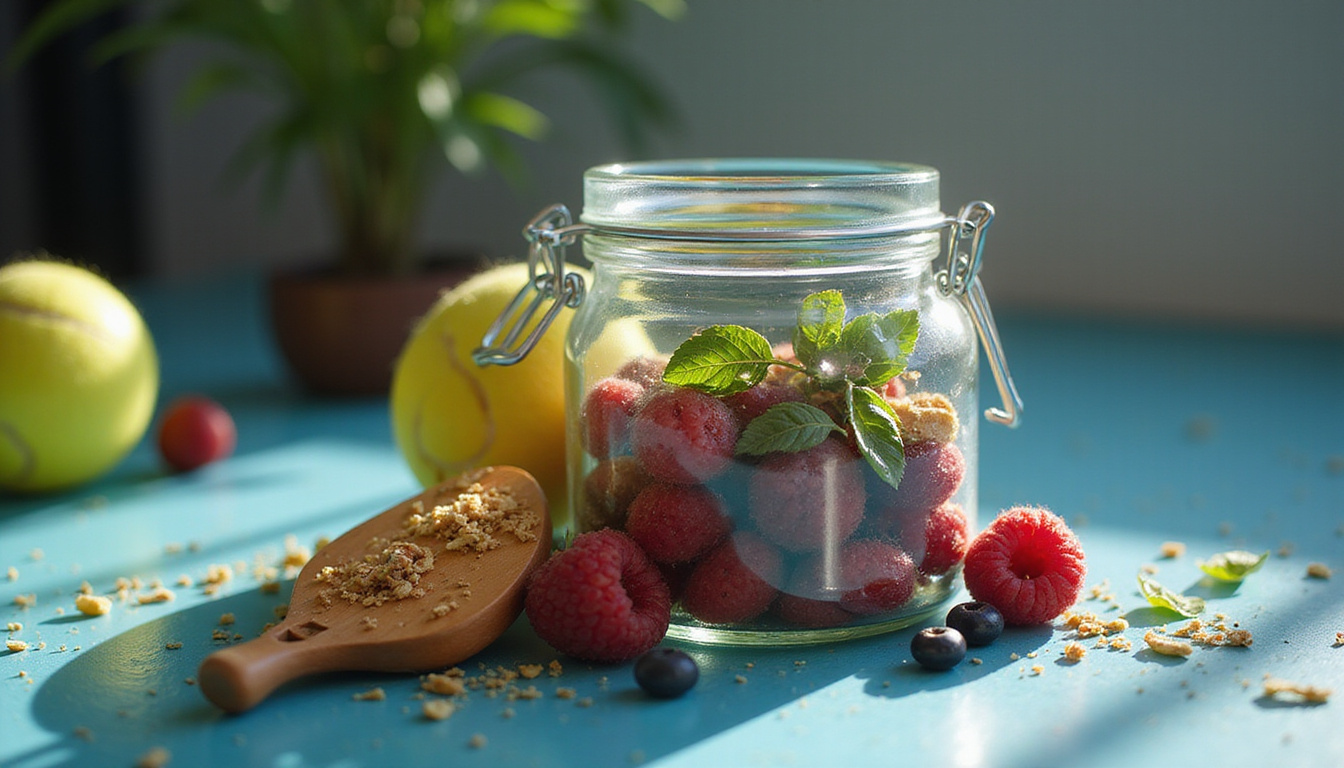  Glass jar of natural antioxidant supplements with berries, herbs, pickleball paddle and recovery light