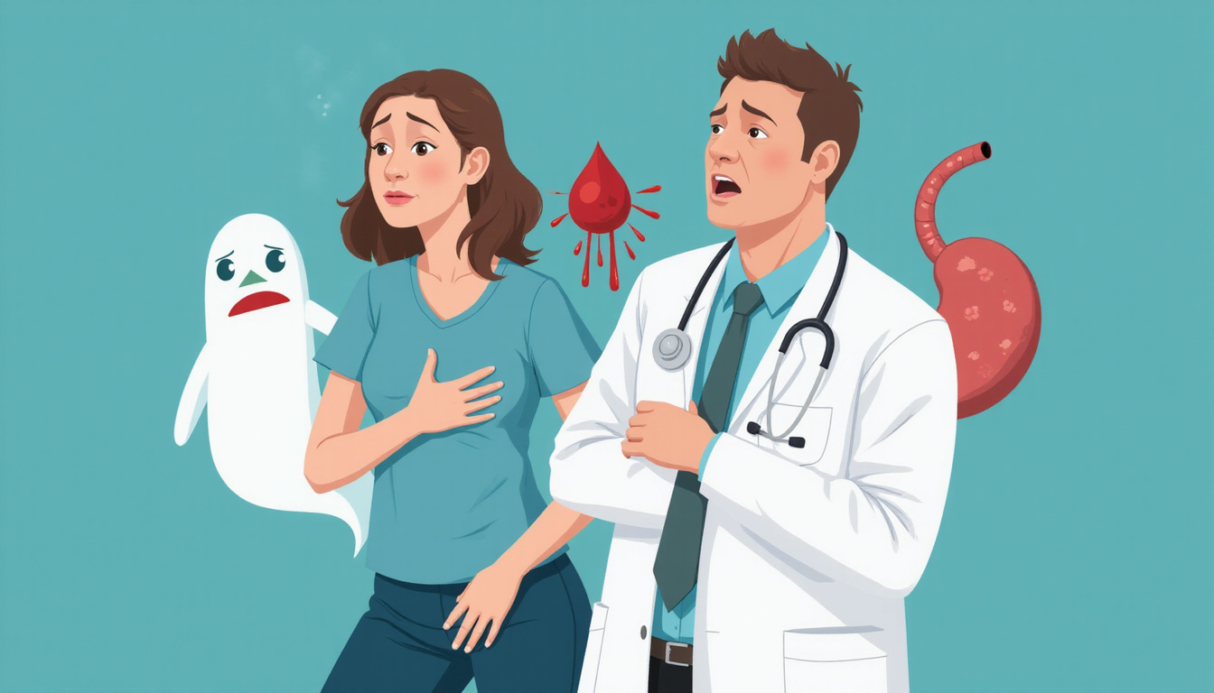  Anxious patient clutching chest, ghostly bleeding liver and stomach hovering behind indifferent white-coated doctor
