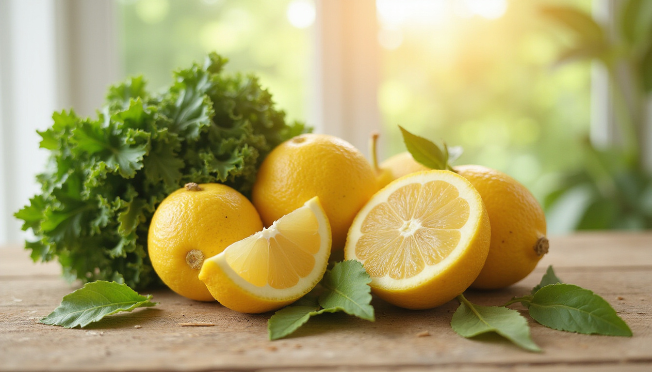  Herbal remedies, lemon, cruciferous vegetables arranged on scale balancing estrogen, warm natural light