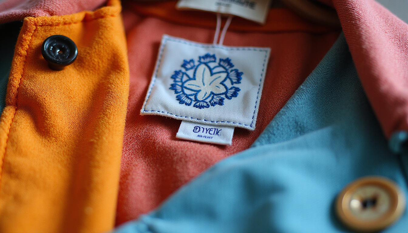 Close-up of premium garment tags and embroidery, minimalist logo, influencer wearing streetstyle, vibrant colors