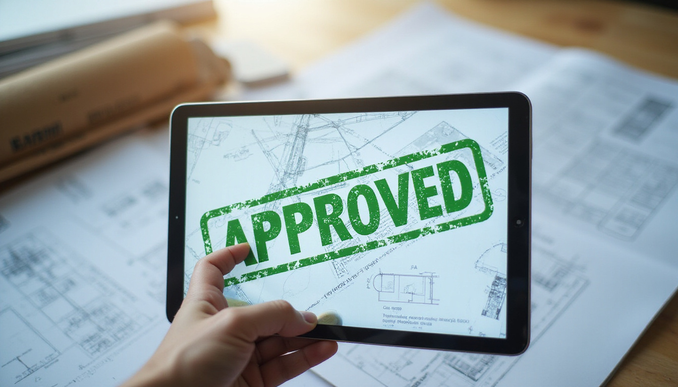  Tablet screen showing green APPROVED stamp over blueprint, fast-motion blur, optimistic construction site background