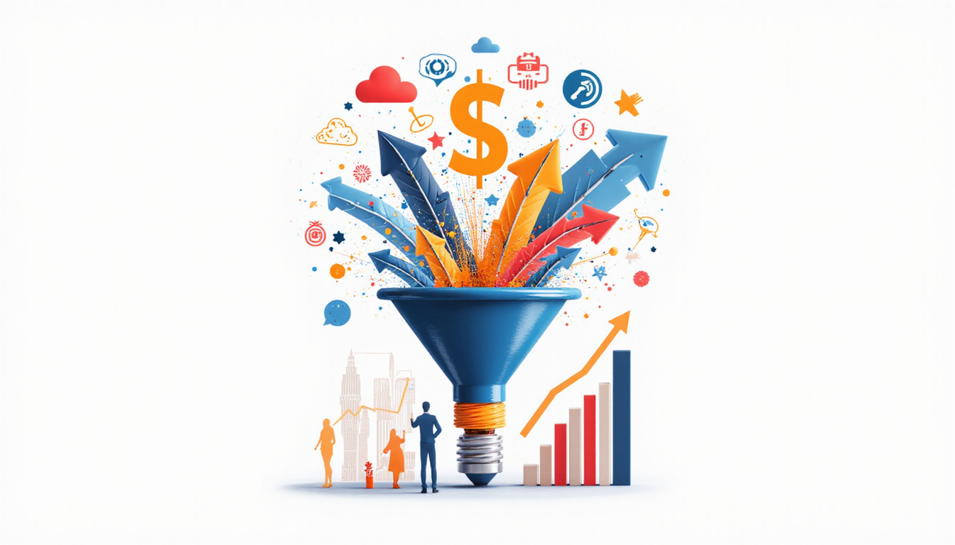  Modern marketing strategy collage: funnel, dollar signs, social icons, growth charts exploding upward