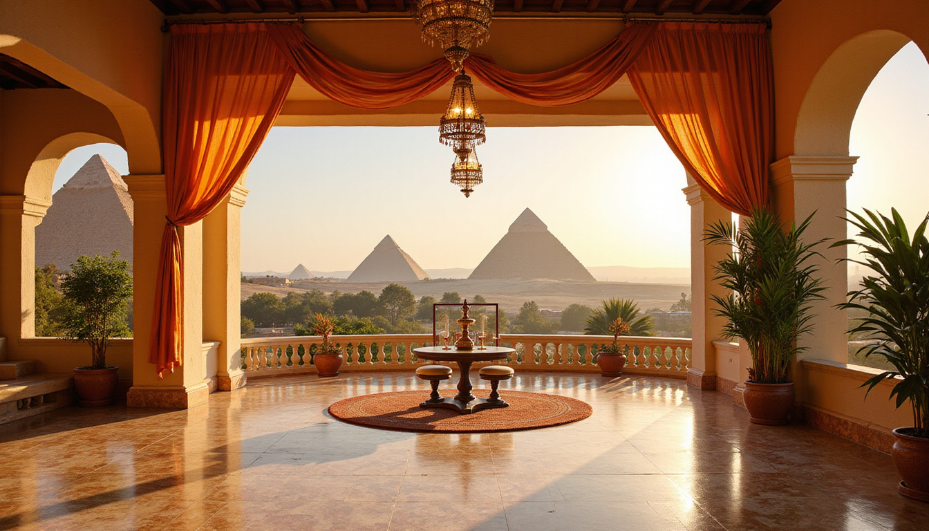 Luxury Egyptian hotel terrace overlooking pyramids, marble floors, ornate brass lanterns, silk drapery