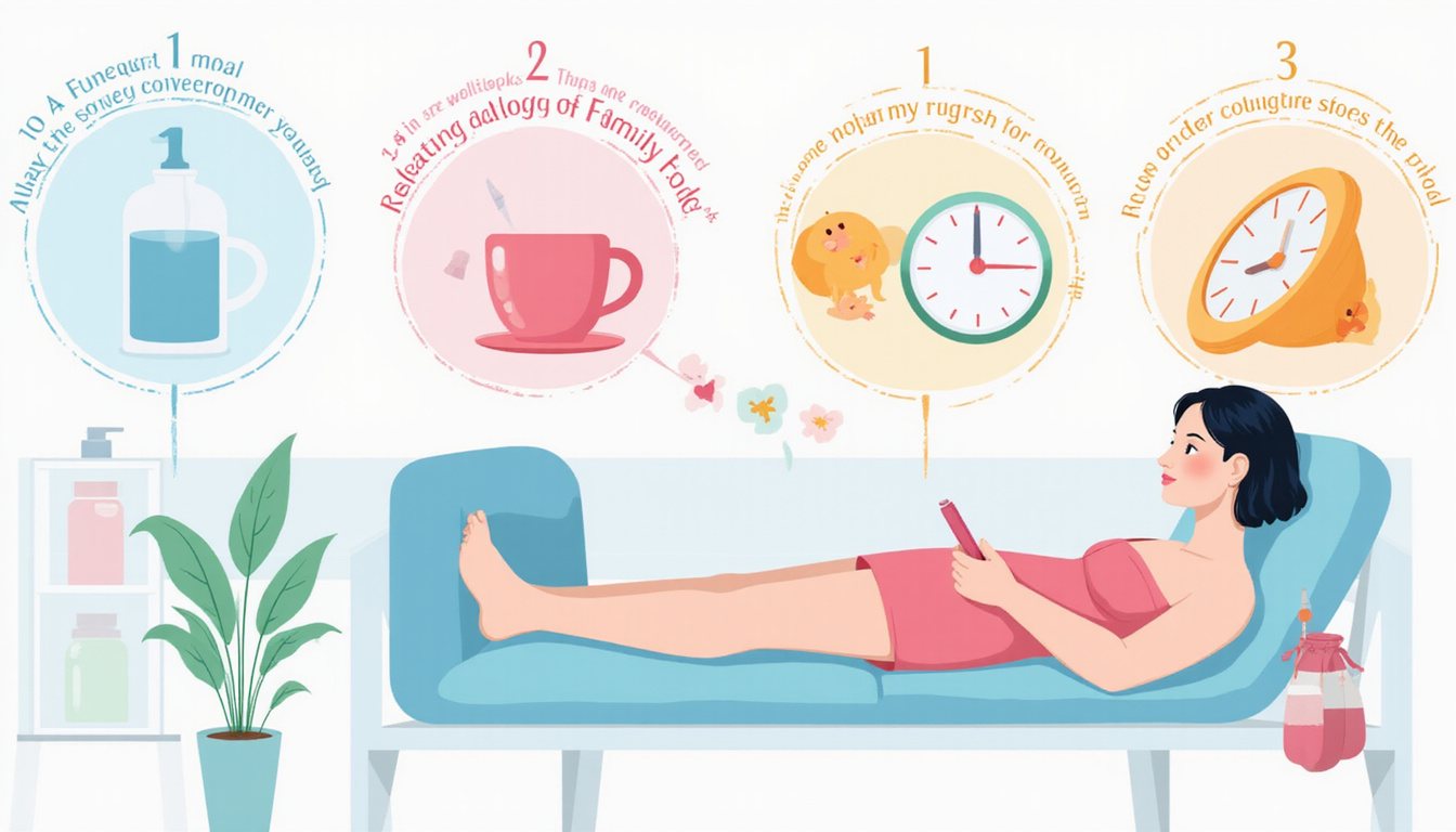  Infographic-style scene showing checklist: hydration, fasting, allergy check, relaxed patient, soft pastel palette