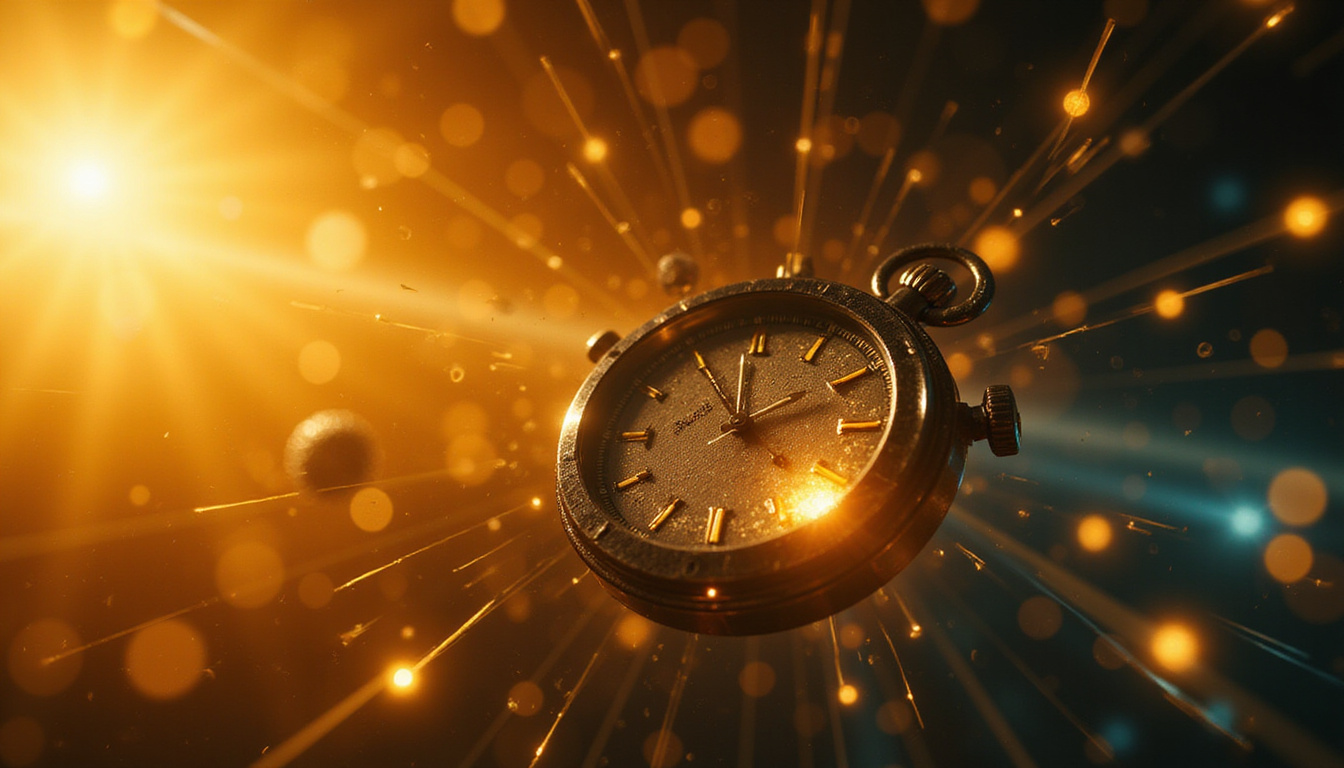 Macro ketone ester vial radiating golden light, neural circuits and stopwatch floating, cinematic detail