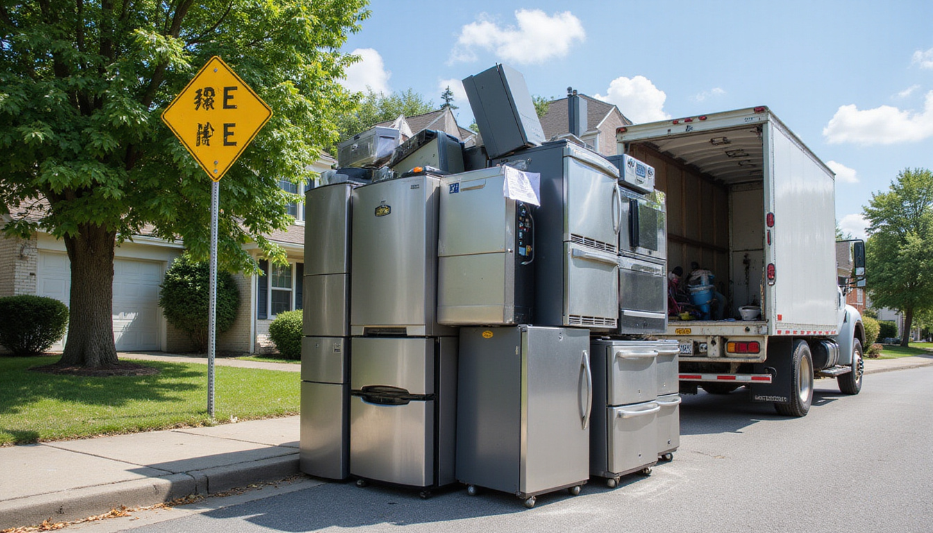  Stack of decommissioned appliances on curb, recycling truck arriving, clear hazard signage, cost-saving documents
