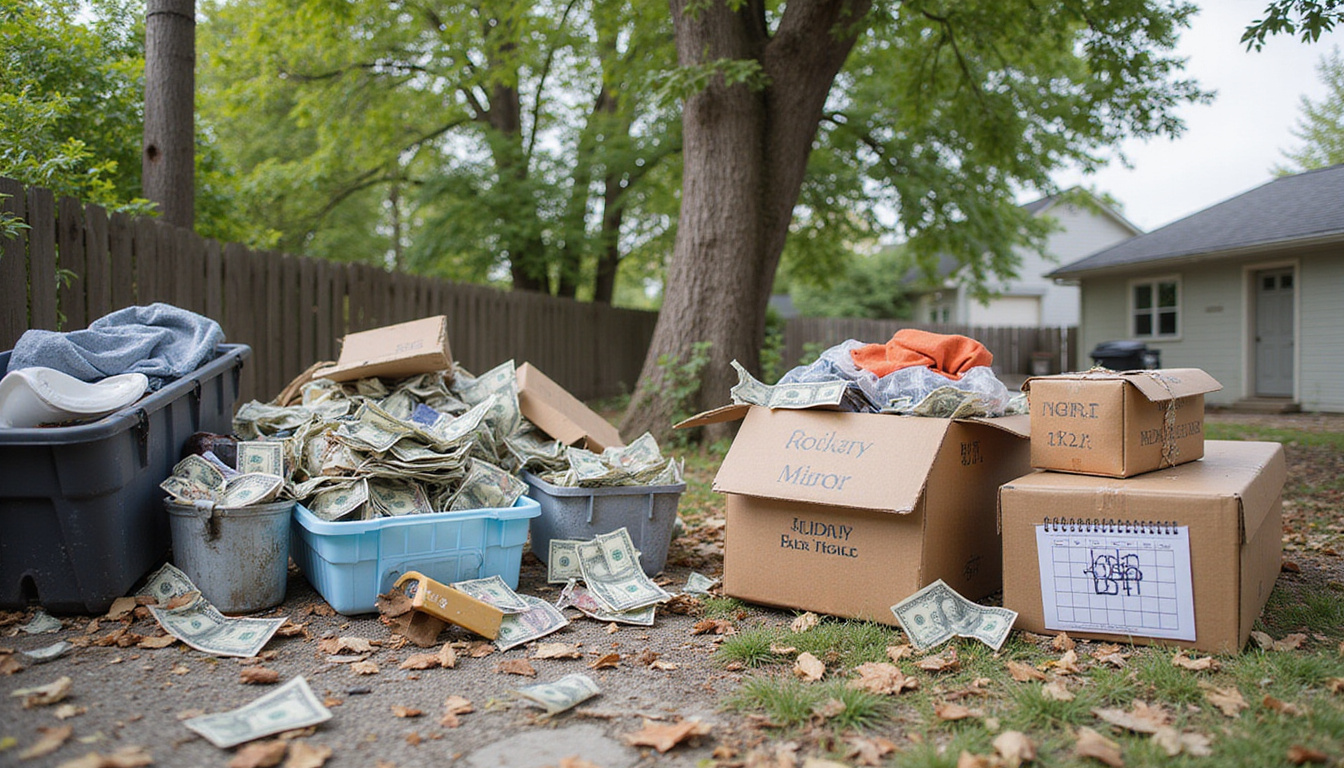  Before-and-after cleanup scene: cluttered yard transformed, labeled debris boxes, calendar, dollar bills flying