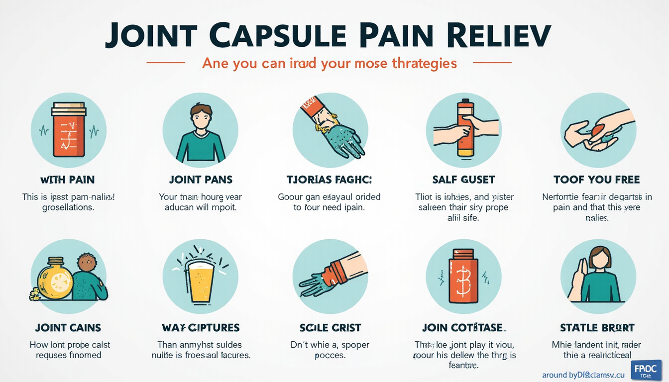  infographic of nine illustrated strategies for joint capsule pain relief, colorful icons, clean layout