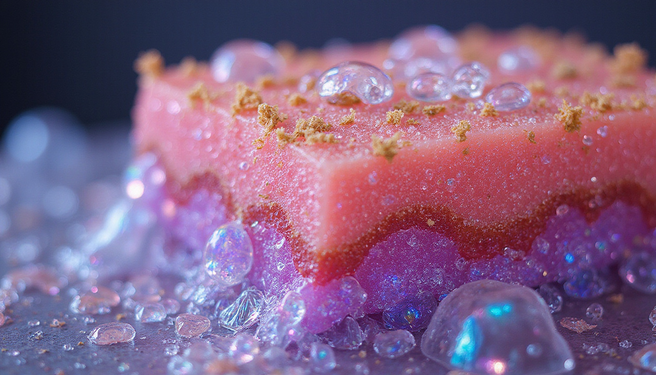  Macro cross-section: hydrated epidermis infused with iridescent molecular web, water molecules refracting light