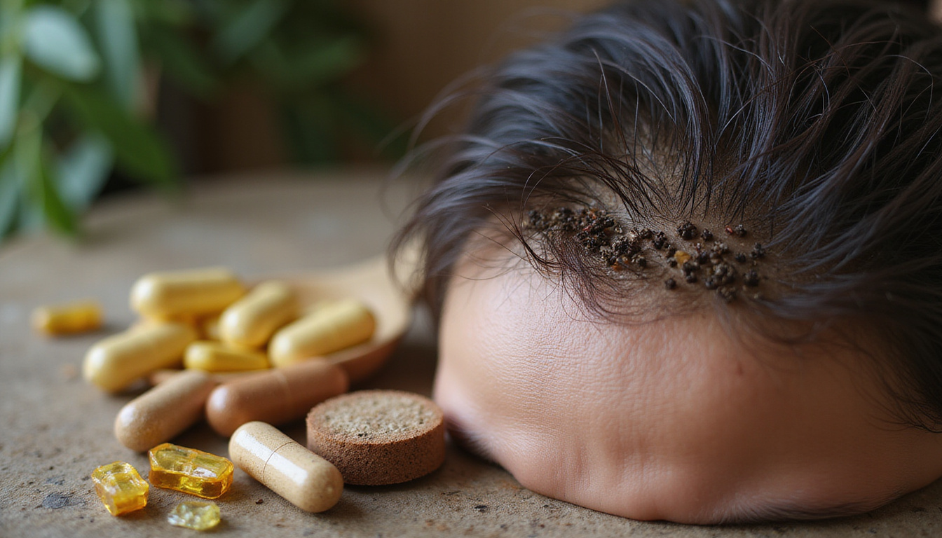  Macro close-up of healthy scalp follicles sprouting fine dark hairs, botanical supplements and vitamins beside