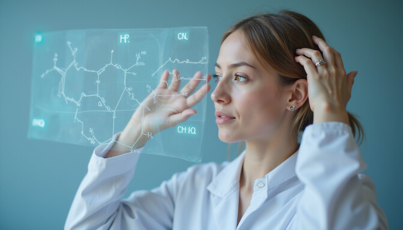  Dermatologist examining thinning crown, transparent overlay of hormone graphs and estrogen chemical structures