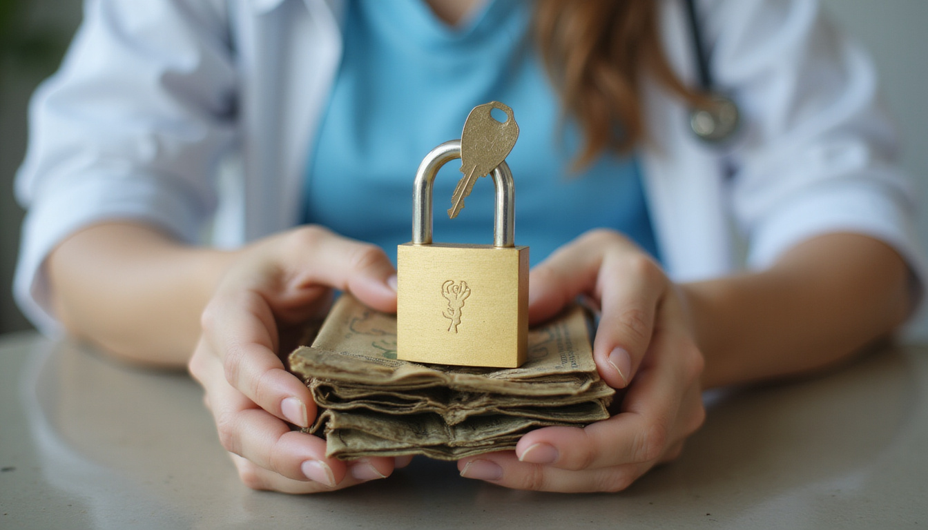 Golden voucher key unlocking padlock on overflowing wallet, compassionate physiotherapist in background