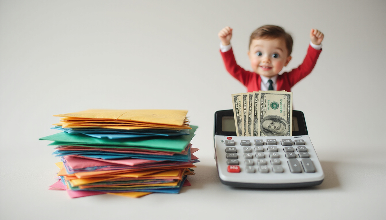 Cost-cutting calculator shrinking bills beside pile of colorful personalized envelopes, upbeat marketer celebrating