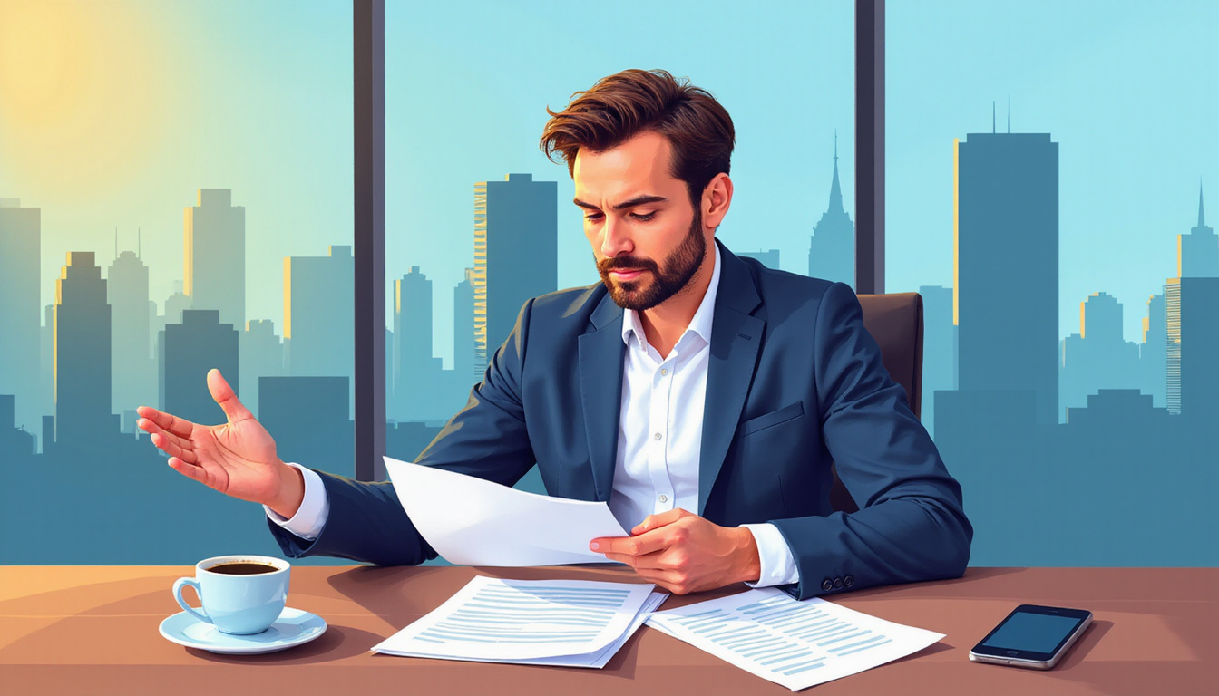 Determined founder examining cap table, investor term sheet, coffee cup, city skyline behind