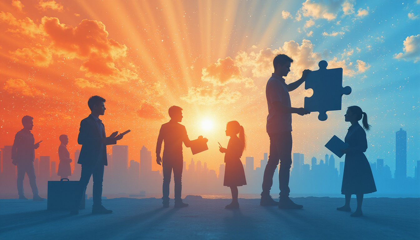  Marketer assembling puzzle of third party data pieces, shielded consumer silhouettes, growth arrows exploding skyward