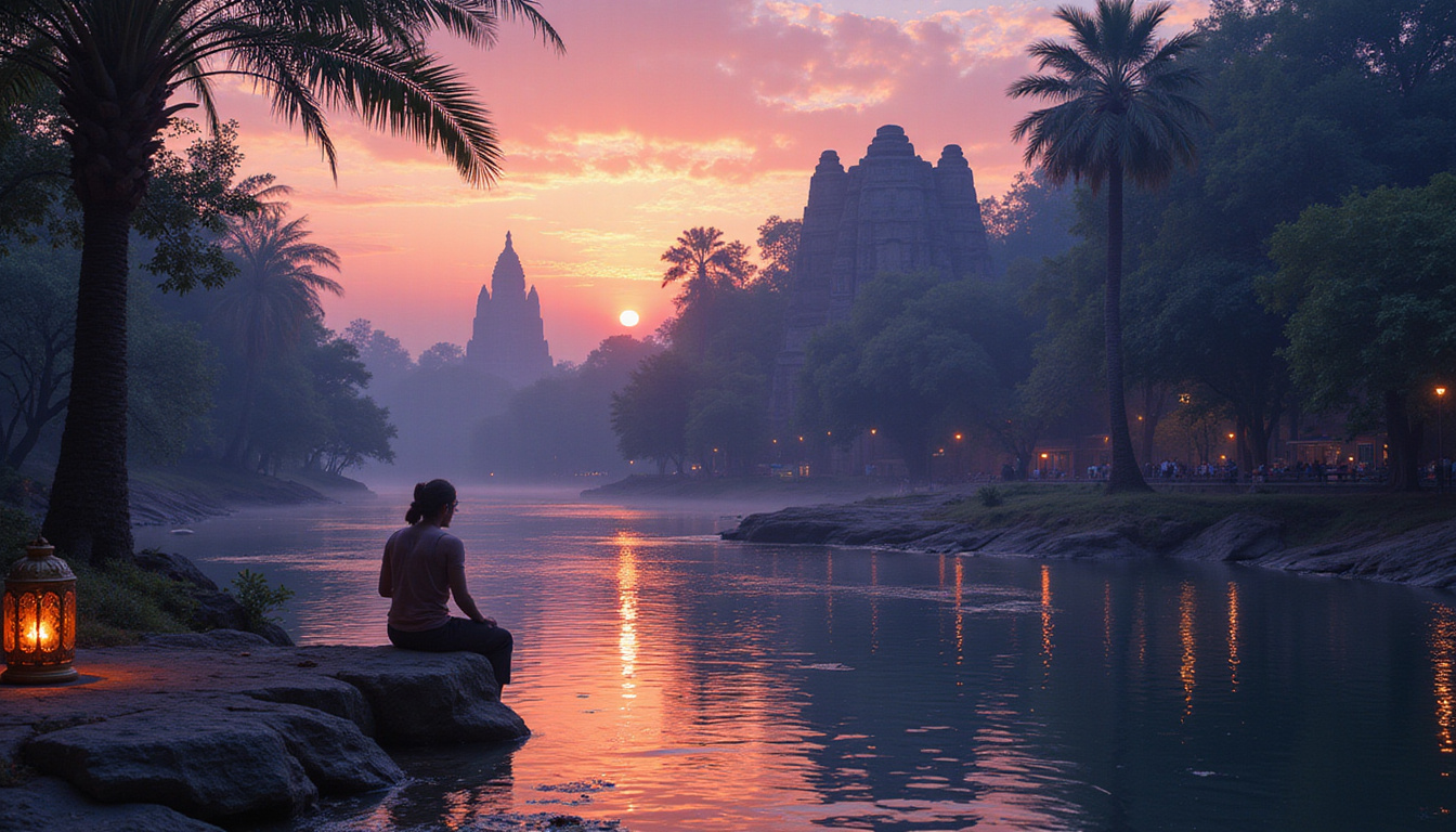  Riverside ancient temples under dusk sky, expert guide revealing hidden hieroglyph secrets, ornate lanterns