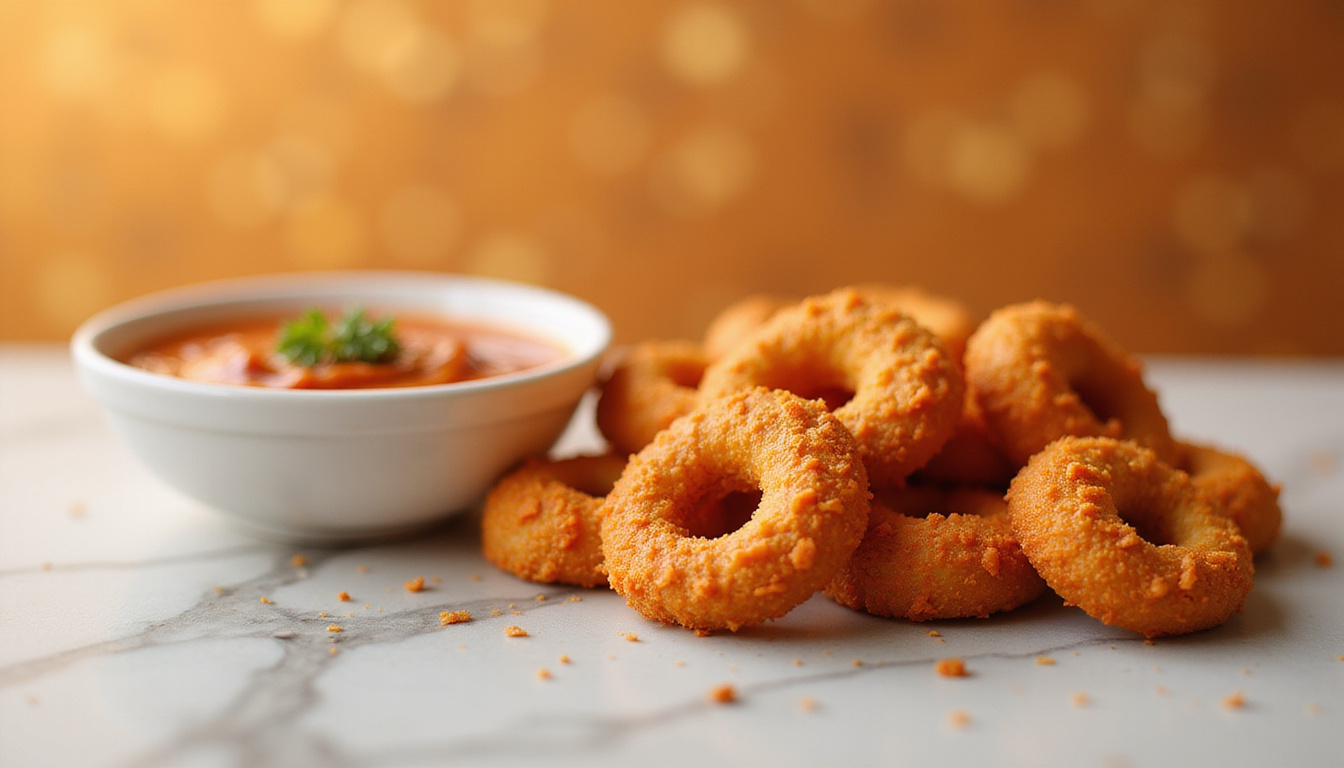 Keto pepperoni curl snacks with spicy dip, marble table, warm golden bokeh background