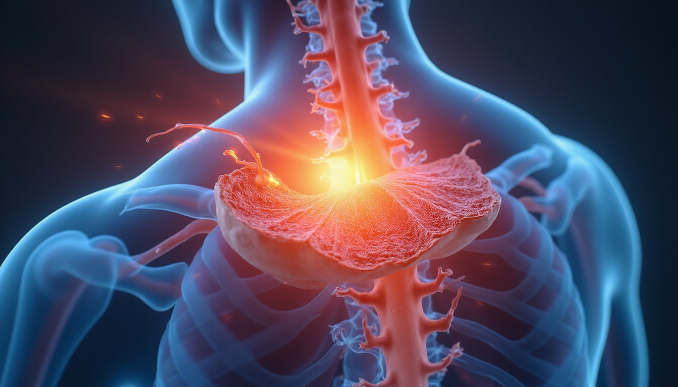  High-detail anatomical infographic cross-section showing nerve ablation, chronic pain dissolving into warm light