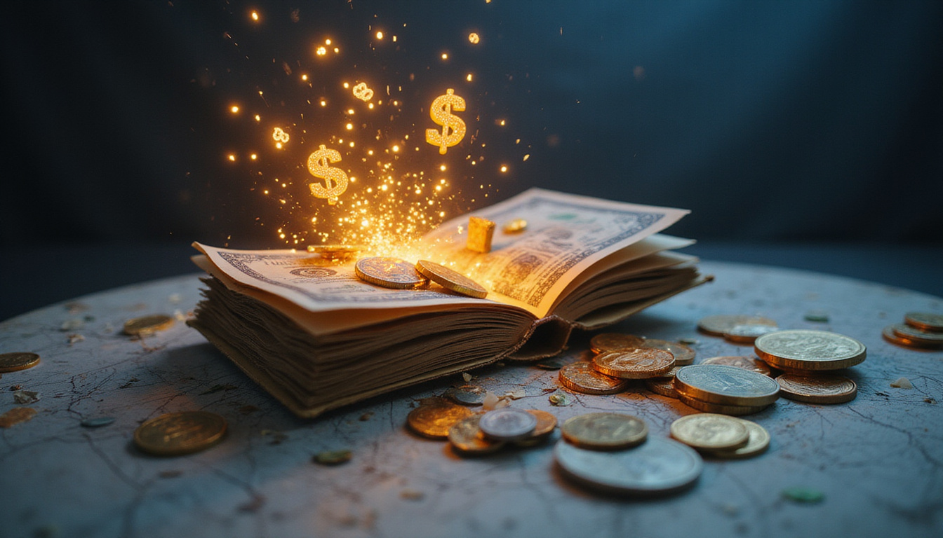 Secret ledger and glowing money icons emerging from recycled materials, blueprint schematics, dramatic studio lighting