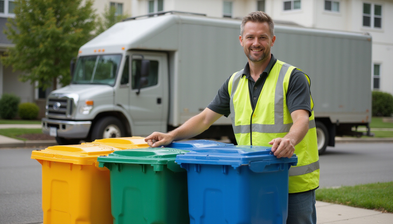 Friendly sanitation worker efficiently lifting bins, truck in background, neighborhood in orderly rhythm
