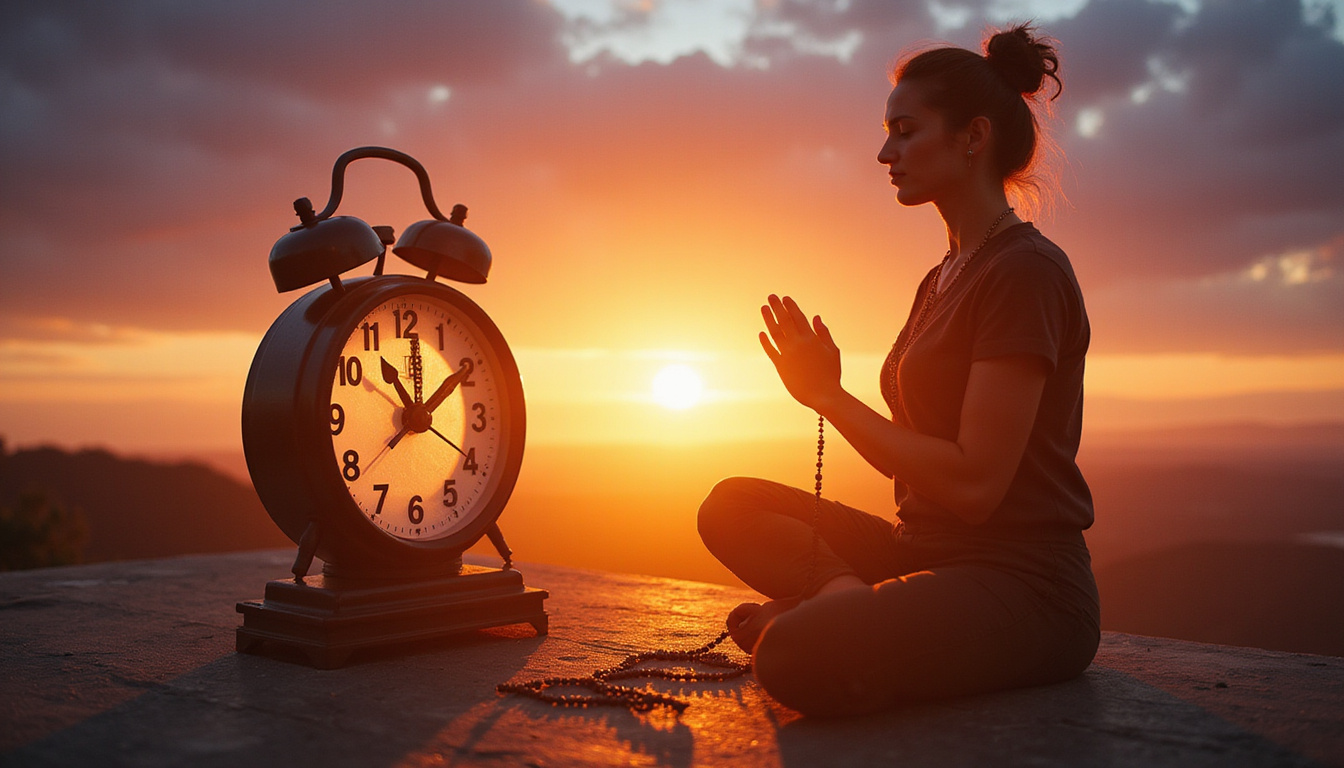 Meditative silhouette praying before sunrise, luminous rosary, clock hands melting to signify rapid transformation