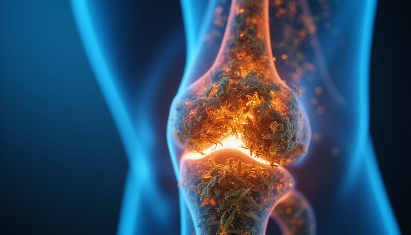  Macro close-up of medicinal herbs infusing into inflamed joint, calming blue light, high-detail