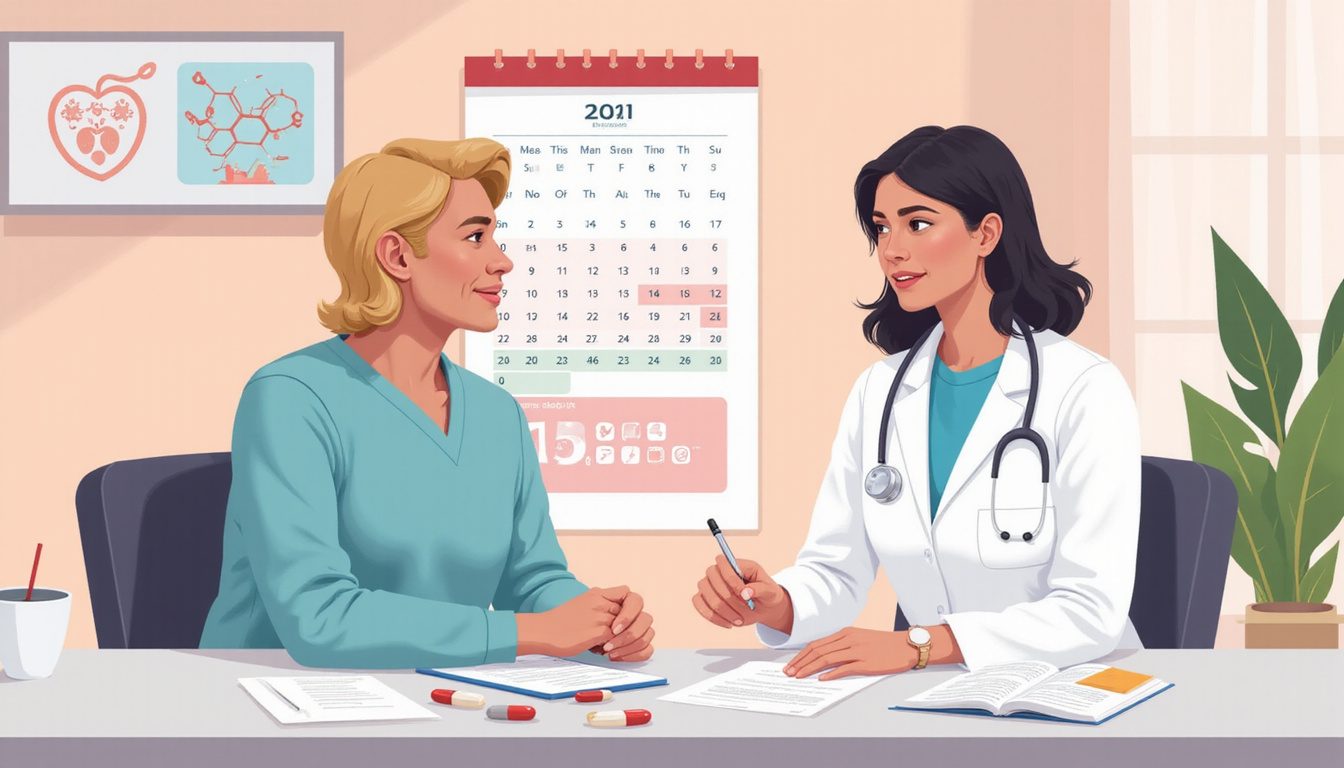  Calm patient consulting doctor, dosage calendar, pills and molecular estrogen diagram, pastel colors