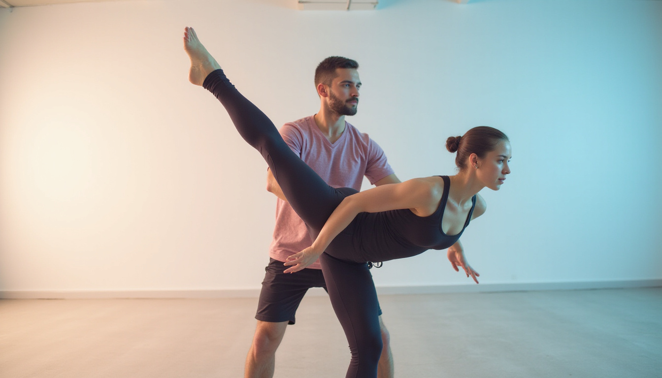 Physiotherapist guiding contemporary dancer through balance exercise, motion blur, injury prevention visuals