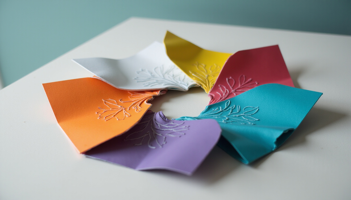  Creative branding scene: multiple gatefold brochures fanned out, vibrant color palettes, embossed logos, shallow depth of field