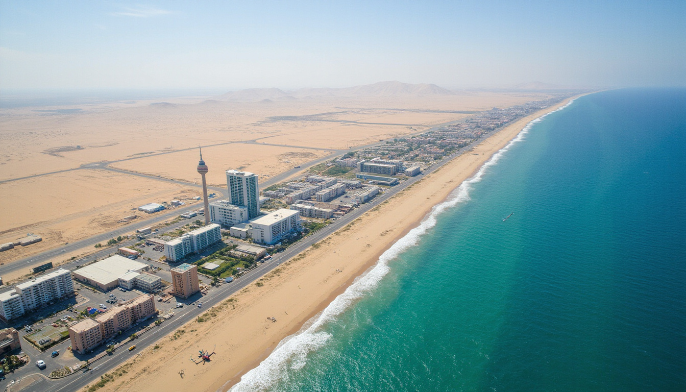 Aerial view of Borg El Arab airport, coastal highway, modern hotels, dunes, shimmering sea