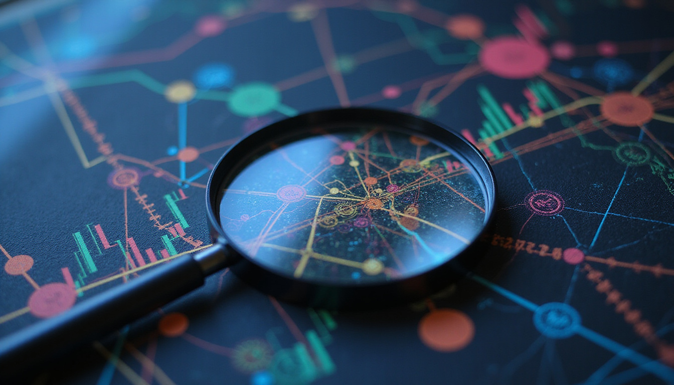 Detailed magnifying glass revealing hidden revenue pathways across colorful charts and currency icons