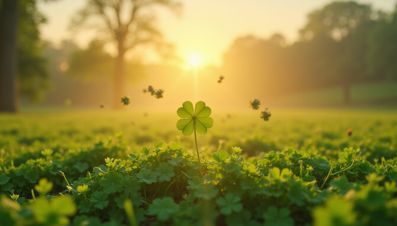 Mystical meadow at sunrise, person discovering four-leaf clover surrounded by floating lucky charms