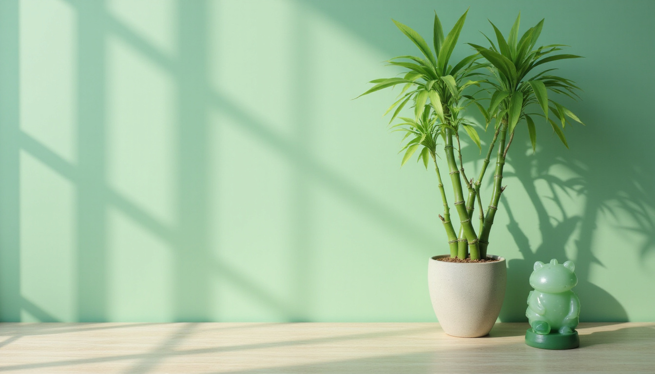  Minimalist feng shui room with five-stem lucky bamboo, jade figurine, soft green glow